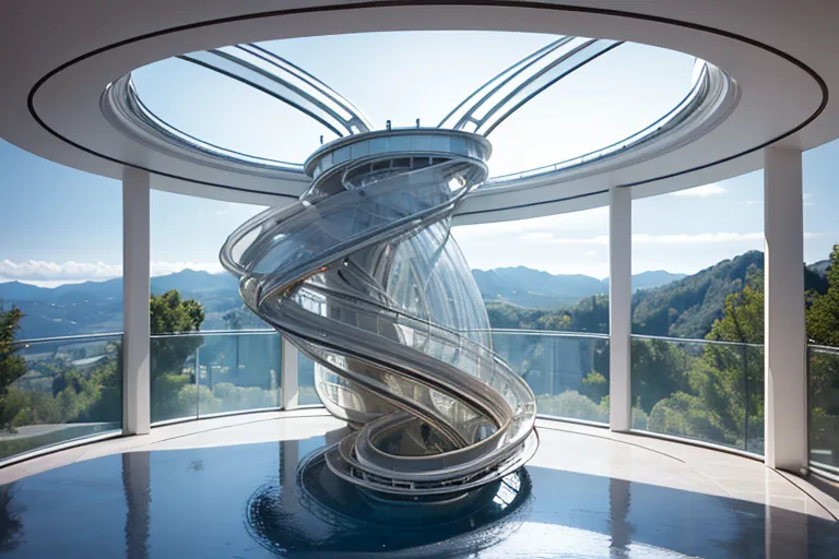 The image shows a modern house with a large glass window. There is a spiral staircase in the middle of the room. The staircase is made of glass and metal. The room has a high ceiling. There is a large balcony with a view of the mountains.