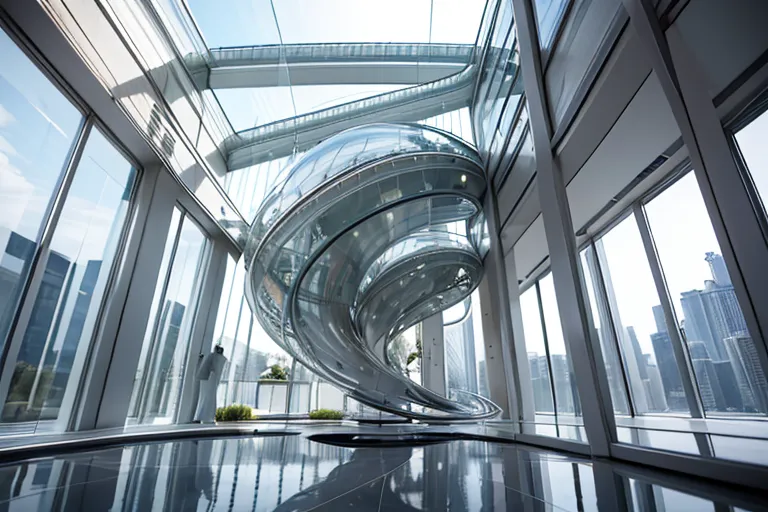 La imagen muestra una escalera de caracol de cristal en un edificio moderno con ventanas de suelo a techo. La escalera está rodeada por una barandilla de metal y tiene un pasamanos de cristal. Hay una vista de la ciudad a través de las ventanas.