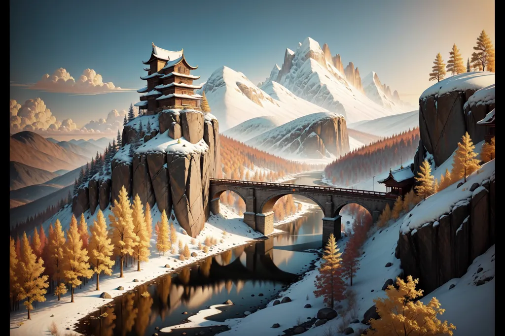 La imagen es una hermosa pintura de paisaje en un estilo realista. La característica principal de la pintura es una alta montaña cubierta de nieve en el fondo. La montaña está rodeada de un espeso bosque de pinos. En el plano medio, hay un amplio río que fluye a través de un valle. El río está atravesado por un puente de piedra. En el lado cercano del puente, hay un pequeño pueblo de edificios tradicionales chinos. El pueblo está rodeado por una muralla. La pintura está hecha en colores apagados y tiene una sensación muy pacífica y serena.