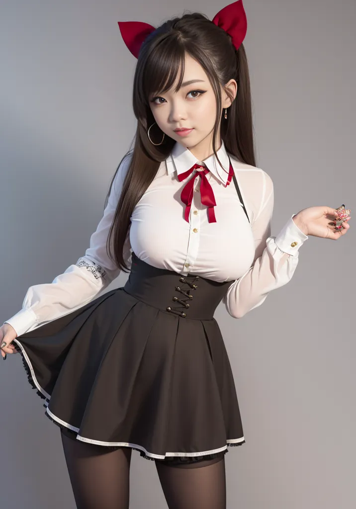 The image shows a young woman with long brown hair and brown eyes. She is wearing a white blouse with a red bow, a black skirt, and black stockings. She is also wearing red cat ears and a red bow in her hair. She is standing with her left hand on her hip and her right hand holding a small object. She has a shy smile on her face.