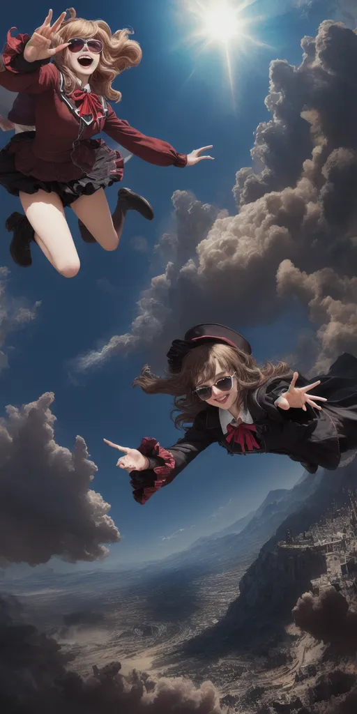 This is an image of two anime girls skydiving. They are both wearing red and black outfits and have their arms outstretched. The girl on the left has blond hair and the girl on the right has brown hair. There are clouds in the background and a mountain range in the distance.