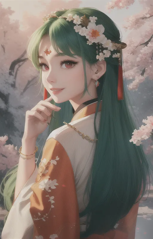 The image is a painting of a young woman with long green hair and red eyes. She is wearing a white kimono with an orange obi and has a flower in her hair. She is standing in a forest of cherry blossoms and is smiling at the viewer. The painting is done in a realistic style and the colors are vibrant and lifelike.