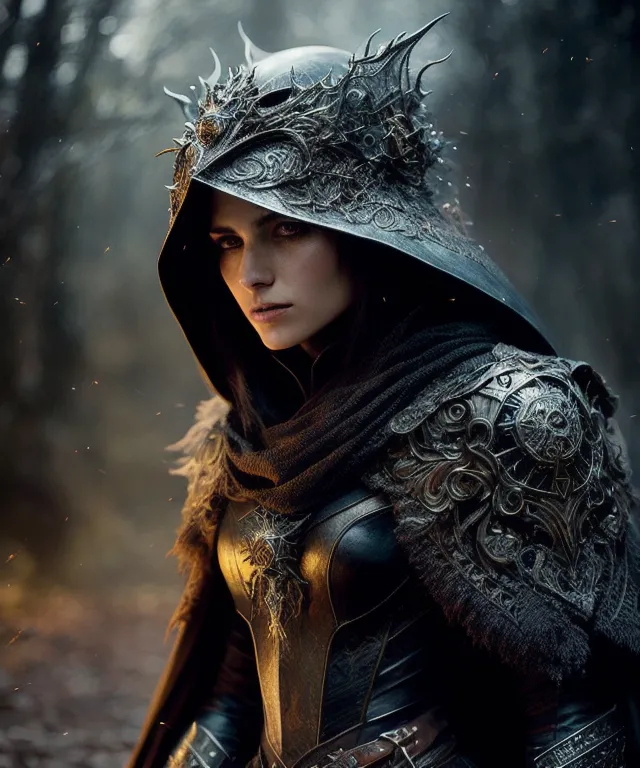 This is an image of a woman wearing a suit of black armor. The armor is made of metal and has intricate designs on it. She is wearing a helmet that has a visor and a crown-like design on top. She is also wearing a cape that is lined with fur. The woman is standing in a dark forest and is looking at the camera. She has a sword in her hand.