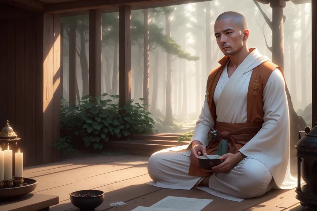 The image is of a young Asian man dressed in white robes. He is sitting in a meditative pose on a wooden floor in a traditional Japanese house. The room has a large open doorway looking out onto a bamboo forest. The man's head is shaved and he has a serene expression on his face. He is holding a bowl in his hands.
