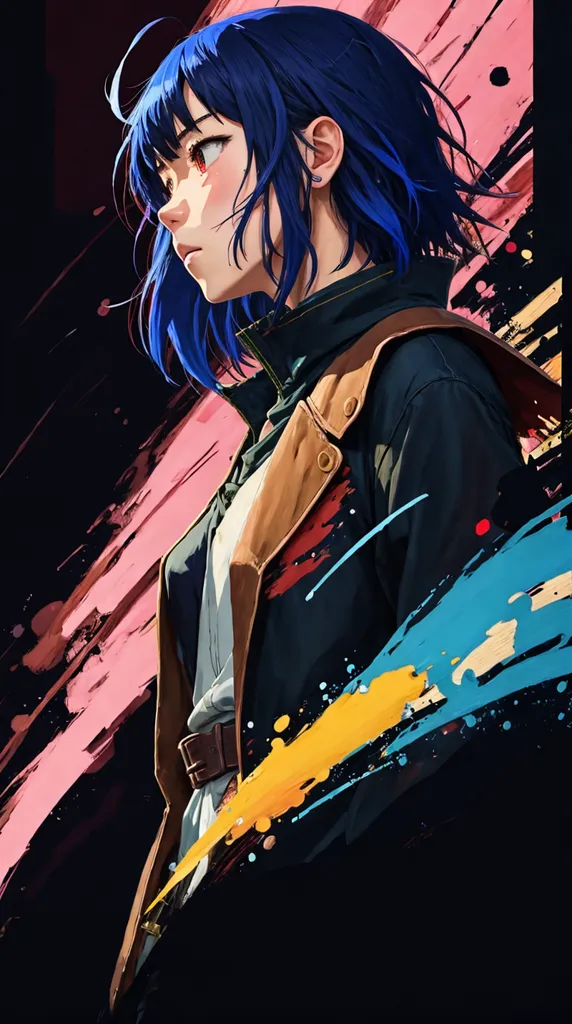 The image is a portrait of a young woman with blue hair and red eyes. She is wearing a dark blue jacket with a light blue shirt underneath. The background is dark with splashes of pink, blue, and yellow paint. The woman's expression is serious and thoughtful. She is looking to the right of the frame.