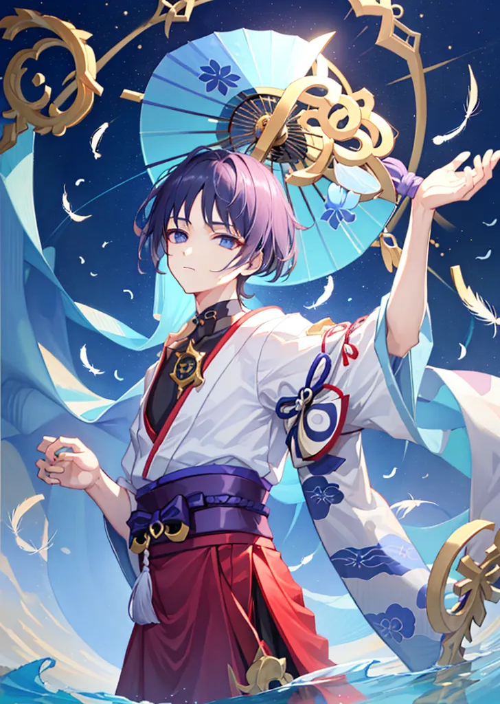 The image shows a young man with purple hair and blue eyes. He is wearing a white and purple kimono with a red sash. He is also wearing a blue and white hat. He is standing in front of a blue background with a white circle in the middle. There are also some blue and white feathers floating around him. He has a serious expression on his face.