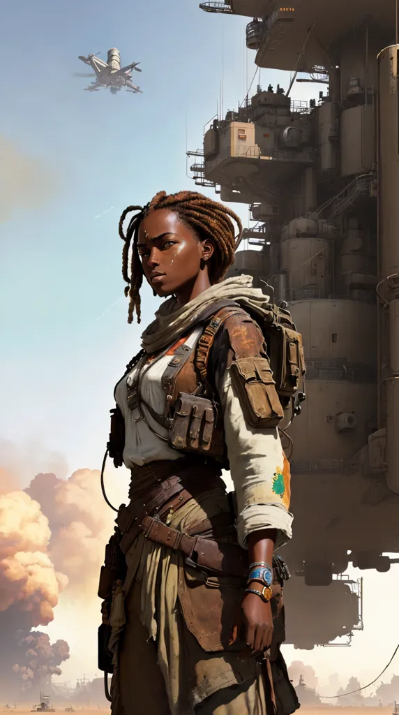 Esta é uma imagem de uma mulher negra em pé diante de uma grande nave espacial. A mulher está usando uma camisa branca, colete marrom e calças marrons. Ela tem um lenço enrolado em torno do pescoço e seu cabelo está em dreadlocks. Ela também está usando um bandoleira e tem uma arma na mão. A nave espacial está ao fundo e está parcialmente obscurecida pela fumaça.