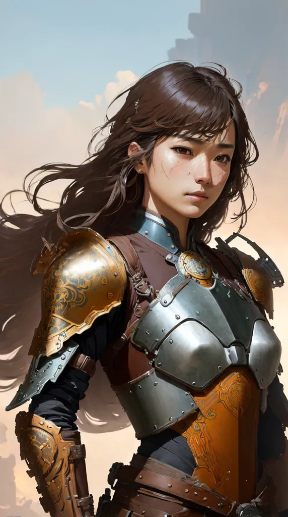 This is an image of a young woman with long brown hair and brown eyes. She is wearing a silver and brown breastplate with intricate golden decorations. She is also wearing a brown leather belt and a brown skirt. She has a determined expression on her face and looks like she is ready for battle.