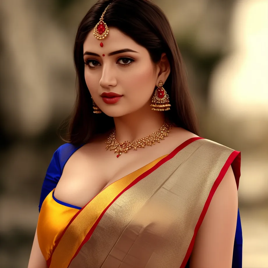 The image shows a beautiful Indian woman, probably in her 20s or 30s. She has long, dark hair, dark eyes, and a fair complexion. She is wearing a traditional Indian dress called a sari, which is made of a long piece of fabric that is wrapped around the body and draped over the shoulder. The sari is gold with red and blue accents. She is also wearing a number of traditional Indian jewelry pieces, including a necklace, earrings, and a nose ring. The woman is standing in front of a blurred background, and she is looking at the camera with a serious expression.