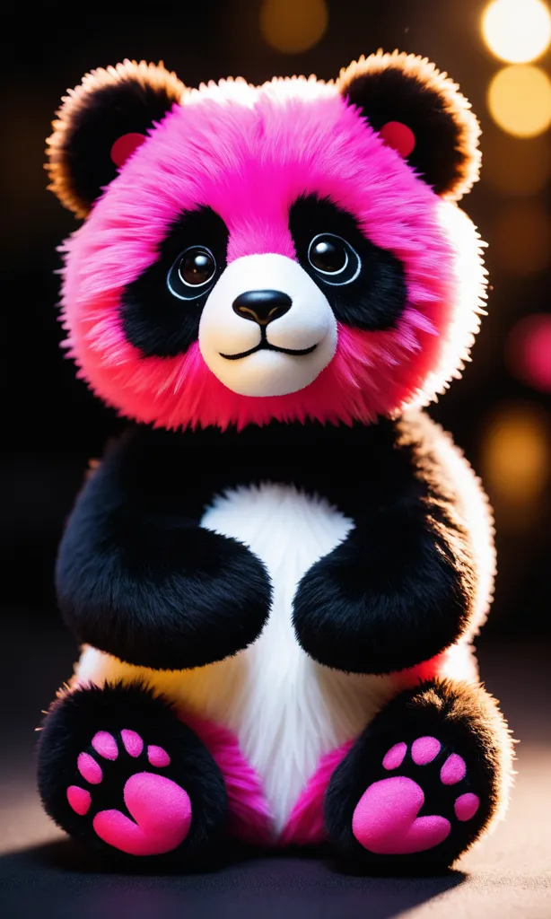 This is a cute and cuddly pink panda. It has big, round eyes and a small, black nose. Its ears are black and its paws are pink. It is sitting on a white surface and is looking up at the viewer with a friendly expression. The background is a soft, out-of-focus pink.