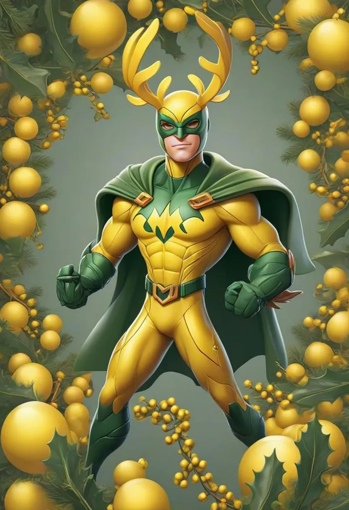 The image shows a superhero wearing a yellow and green suit. He has a🦌antler-shaped headdress and a green cape. He is standing in a forest, surrounded by yellow berries. The superhero is called \