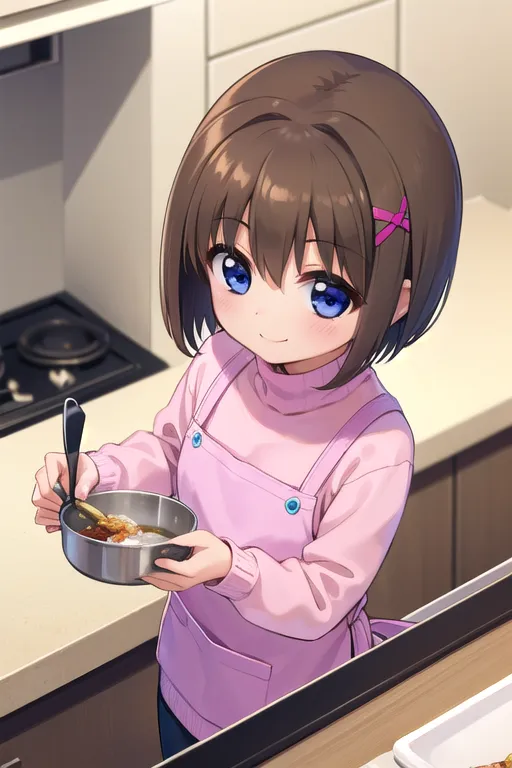 A young girl with brown hair and blue eyes is cooking in the kitchen. She is wearing a pink apron over a white turtleneck sweater. She is holding a pot with a spoon and stirring the food inside.