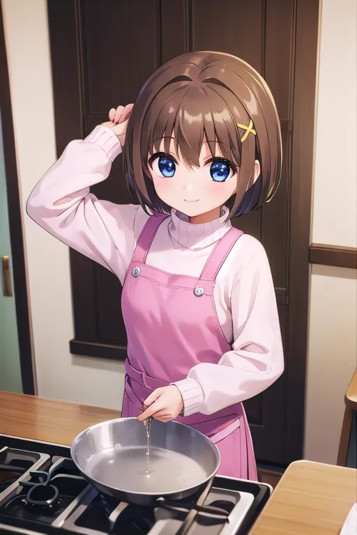 A young girl with brown hair and blue eyes is cooking in the kitchen. She is wearing a pink apron over a white turtleneck blouse. She is holding a frying pan and looks focused on what she is doing. The background is a simple kitchen scene with a counter, cabinets, and a door.