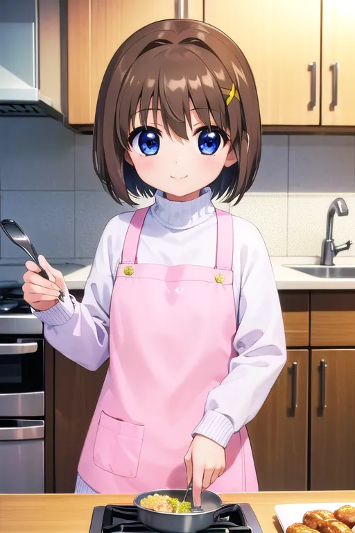 A young girl with brown hair and blue eyes is cooking in the kitchen. She is wearing a pink apron over a white turtleneck sweater. She is holding a spoon and stirring a pan of food. There is a plate of food on the counter next to her. The background of the kitchen is white cabinets and a stainless steel refrigerator.