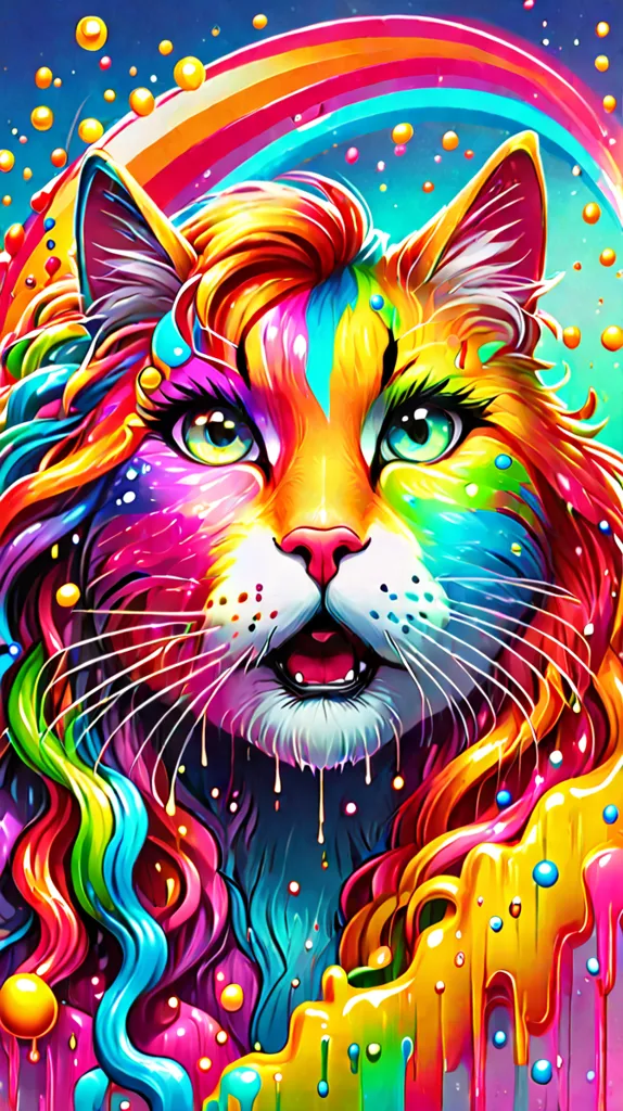 This is a digital painting of a cat. The cat has long, flowing hair that is a rainbow of colors. Its eyes are a deep green, and its nose is a bright pink. The cat is surrounded by colorful bubbles, and there is a rainbow in the background. The painting has a very whimsical and playful feel to it.