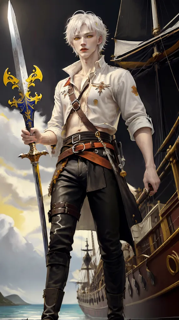 A young man with white hair and silver eyes is standing on the deck of a ship. He is wearing a white shirt with the sleeves rolled up, black pants, and a brown belt. He has a sword in his right hand and a dagger in his left hand. He is looking at the viewer with a confident expression. The ship is in the middle of the ocean, and there are dark clouds in the sky.