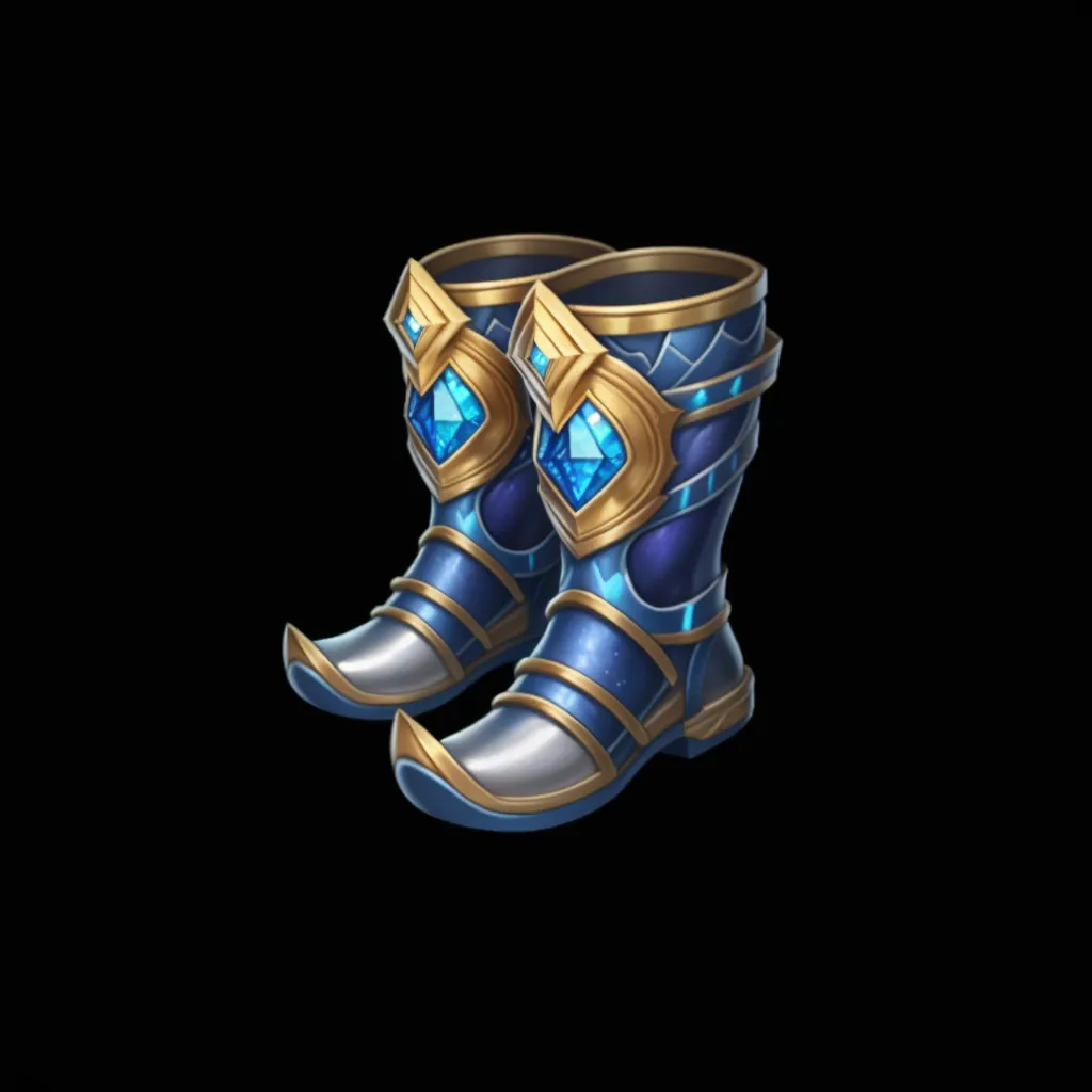 A pair of blue and silver boots with diamond-shaped gems on the front. The tops of the boots are folded over and there is a gold band around the ankle. The boots are on a black background.