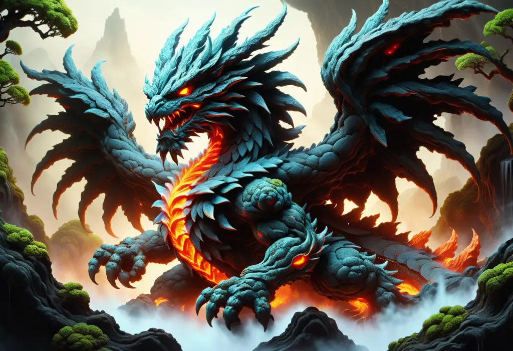 A magnificent blue dragon stands tall on a rocky crag, its powerful wings outstretched as if ready to take flight. The dragon's body is covered in shimmering scales, and its eyes burn with a fierce intensity. The creature's massive claws are鋒利的, and its tail is long and serpentine. The dragon is surrounded by a swirling mist, which adds to its sense of mystery and danger.