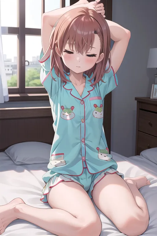 A young girl with brown hair and brown eyes is sitting on a bed in her pajamas. She is stretching her arms and yawning. The girl's pajamas are blue and white, and she is wearing a pink headband. The bed is made, and there is a window in the background. The girl's hair is short and styled in a bob. She has a small smile on her face.