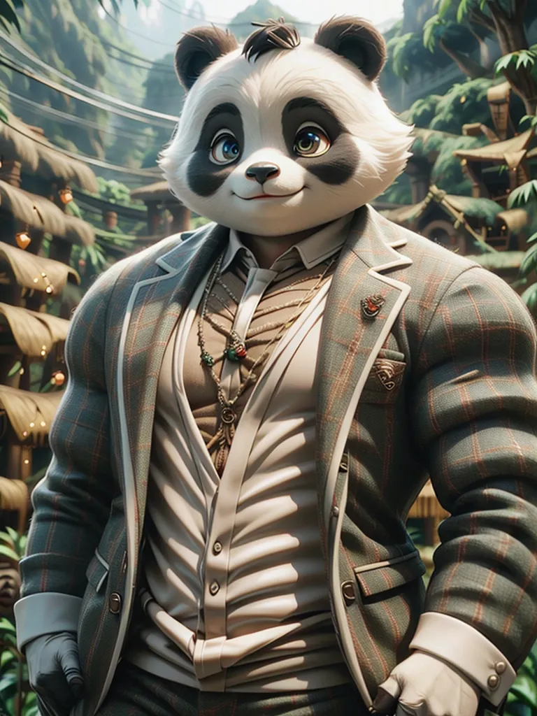 The image is a muscular anthropomorphic panda wearing a suit and tie. He has brown fur with black patches around his eyes and ears. He is standing in a lush green forest setting. The background is blurred, but it looks like there are some buildings or structures in the distance. The panda is looking at the viewer with a friendly expression.