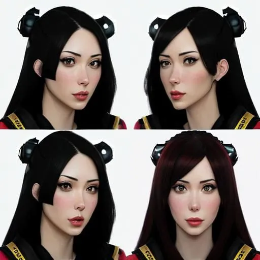 This is an image of four different anime-style female characters. They all have long black hair, but different hairstyles, and are wearing red and black outfits. The characters have light skin and light-colored eyes.