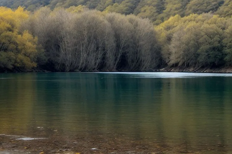 The river is wide and still. The water is green and clear. The trees on the banks are tall and bare-branched. The leaves on the trees are yellow and orange. The sky is blue and cloudy. There is a mountain in the distance.