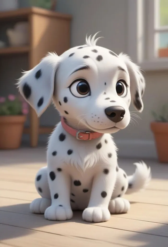 This is an image of a cute cartoon puppy. It is white with black spots and has big, round, brown eyes. It is wearing a pink collar. The puppy is sitting on a wooden floor in front of a white wall. There are two potted plants behind it. The puppy is looking up at the viewer with a curious expression on its face.