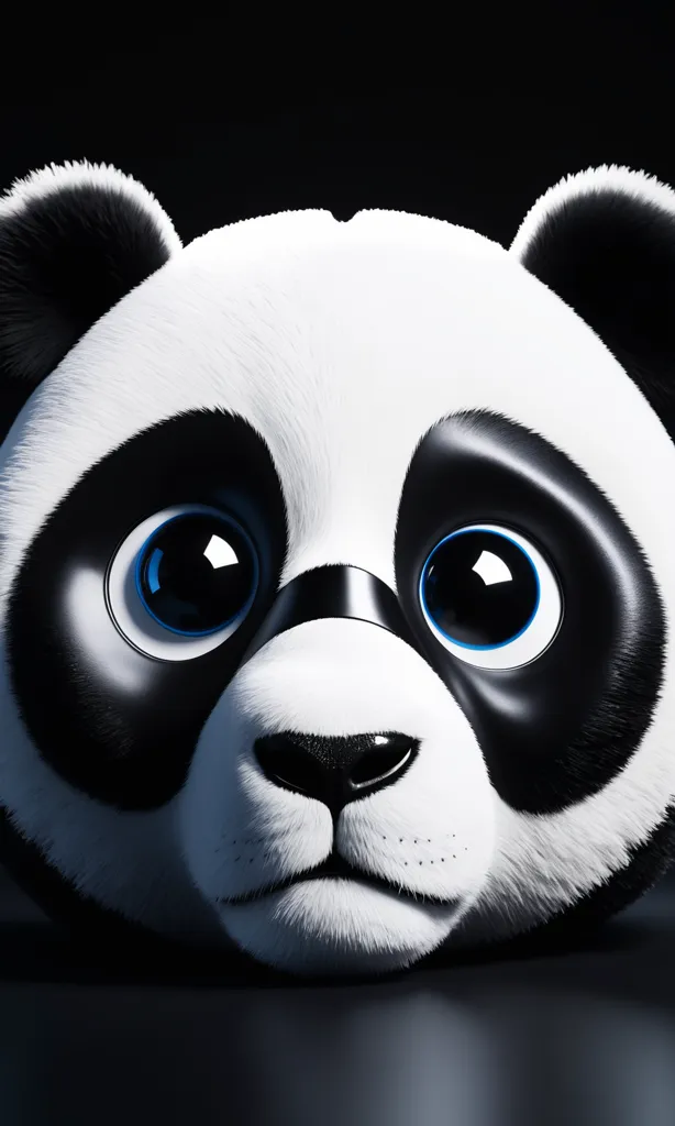 The image is a 3D rendering of a panda's face. The panda has big, round, blue eyes, a black nose, and a white face with black ears. It is looking at the viewer with a curious expression. The background is a dark grey.