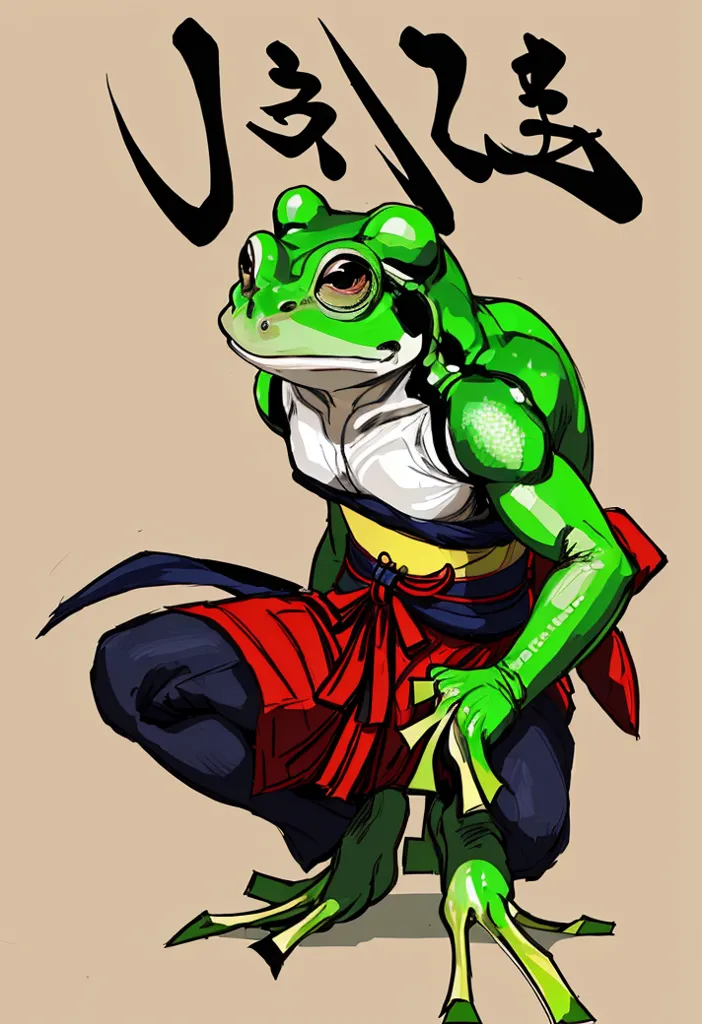 The image is a muscular anthropomorphic frog dressed in samurai armor. The frog is green and has a white belly, and is wearing a red and white loincloth and a black and gold chest plate. The frog is also wearing a pair of black boots and has a sword in its hand. The background of the image is a light brown color, and there is a Japanese character in the top right corner.