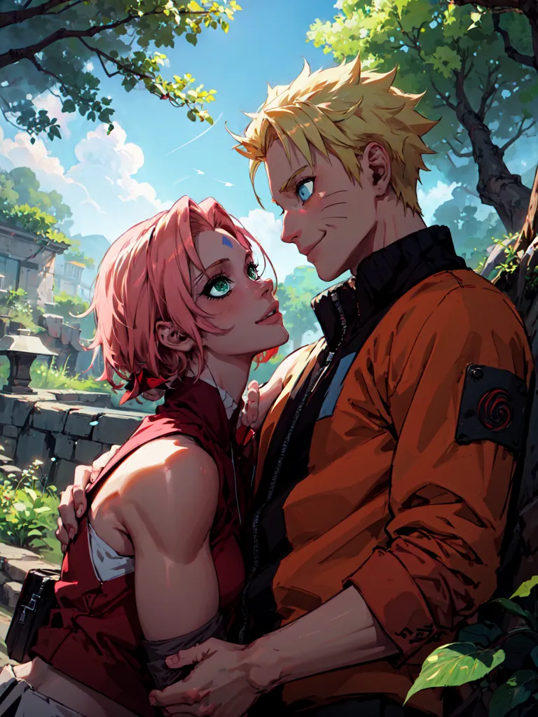 The image is of two characters from the anime series Naruto. The boy, Naruto Uzumaki, is a young ninja who is training to become the Hokage, the leader of his village. The girl, Sakura Haruno, is a kunoichi, a female ninja, who is also training to become a Hokage. They are standing in a forest, and Naruto is holding Sakura in his arms. They are both smiling and looking at each other. The background is a blur of green trees and blue sky.