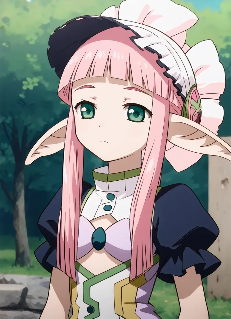 The image shows an anime girl with pink hair and green eyes. She has long, pointed ears and is wearing a white and pink dress with a black hat. She has a serious expression on her face.