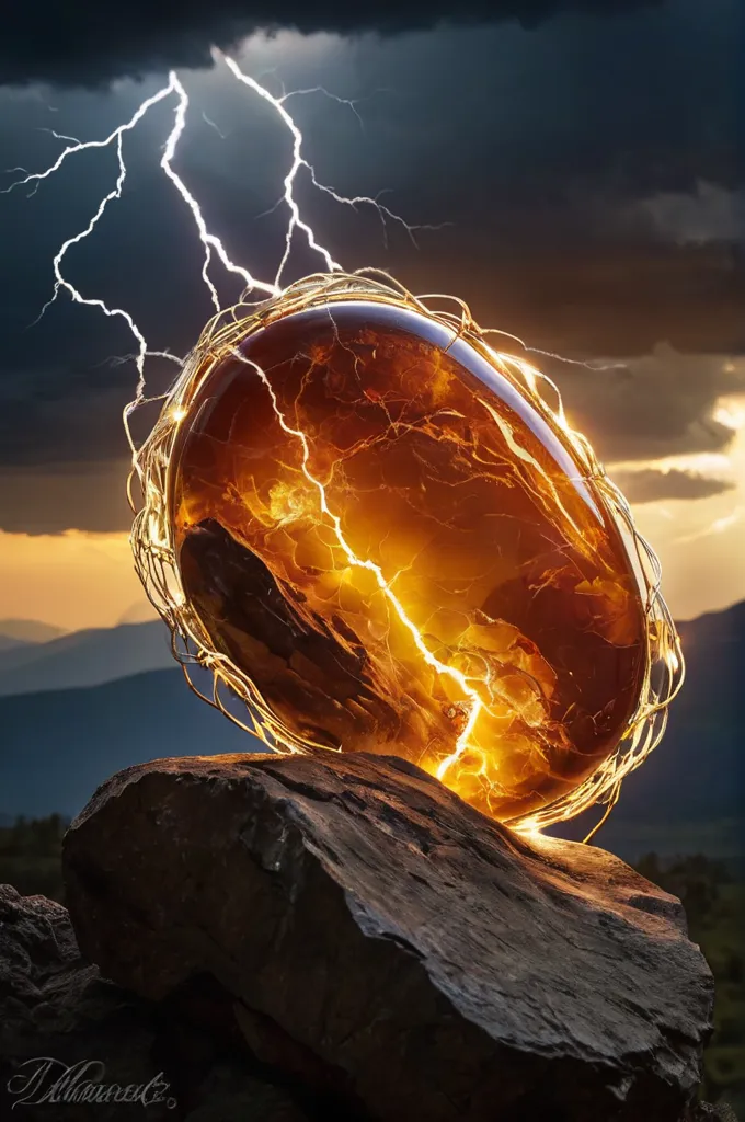 In the middle of a thunderstorm, a glowing amber stone is struck by lightning, it sits on a large rock outcropping. The amber stone is encased in a golden cage. The lightning is white and appears to be coming from the clouds. The background is a dark sky with mountains in the distance.