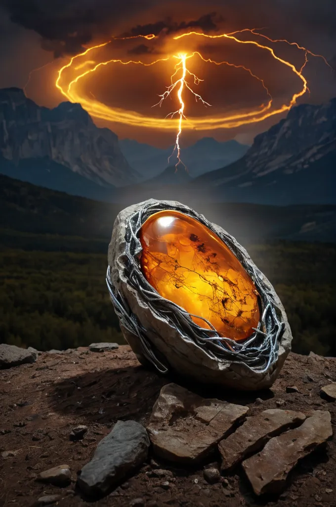 In the middle of a mountain range, there is a large, glowing amber stone. It is surrounded by a silver nest and a powerful lightning storm is raging in the background.