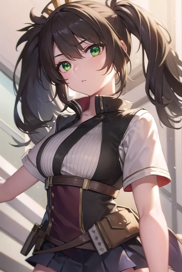 The image is a beautiful anime girl with long brown hair and green eyes. She is wearing a white shirt, a brown vest, and a black skirt. She is also wearing a brown belt with a pouch on it. She has a serious expression on her face.