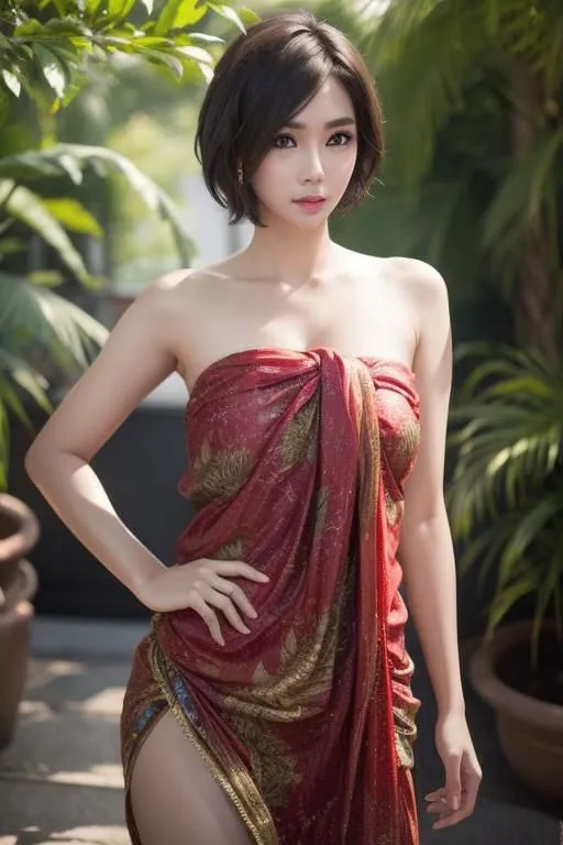 The image shows a beautiful young woman, with short dark hair, wearing a red strapless dress with a gold pattern. She is standing in a tropical setting, with green plants in the background. The woman's eyes are dark and mysterious, and her lips are slightly parted. She is looking at the viewer with a confident expression. The image is both sensual and elegant, and it captures the viewer's attention.