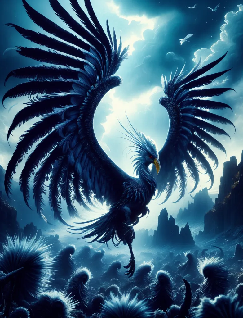 The image is of a large, majestic phoenix with dark blue feathers. It is standing on a rock in front of a mountain range. The sky is dark and cloudy, and there is a storm brewing. The phoenix is surrounded by a group of smaller birds, who are all looking at it in awe. The phoenix is a symbol of hope and renewal, and it is often associated with the sun. The image is likely meant to represent the power of hope and renewal, even in the darkest of times.