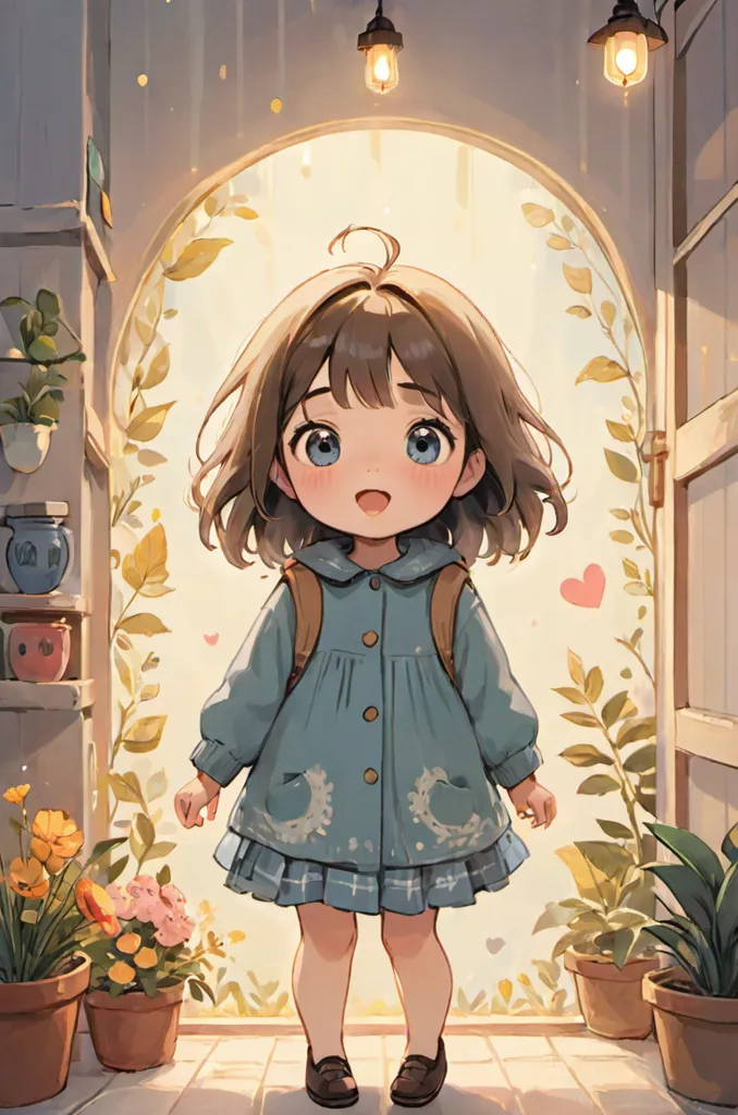 The image shows a little girl standing in a doorway. She is wearing a blue coat and a pink dress. She has short brown hair and big blue eyes. She is smiling and looks happy. There are plants and flowers all around her. The image is very cute and温馨.