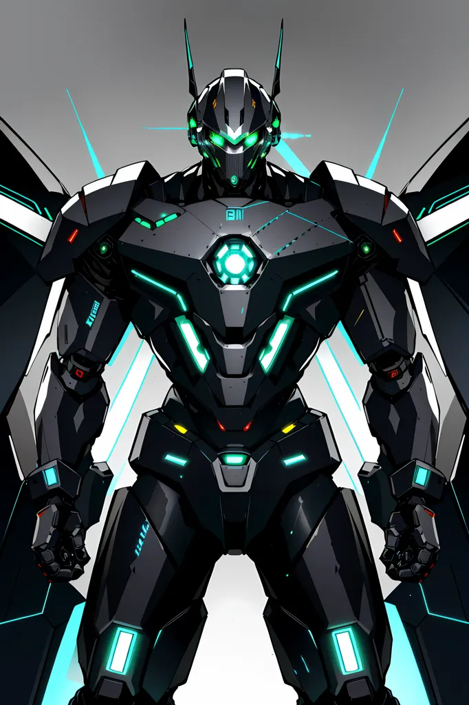 The image is a digital painting of a black and green mech suit. The mech suit is in the center of the image and is surrounded by a grey background. The mech suit is made of metal and has a variety of weapons attached to it, including a large cannon on its right arm and a smaller cannon on its left arm. The mech suit also has a pair of wings that are folded up behind its back. The mech suit is standing in a powerful pose and looks like it is ready to attack.