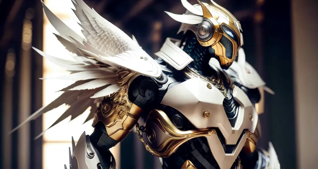 The image is a 3D rendering of a white and gold robot with wings. The robot is standing in a dark room with a spotlight shining down on it. The robot has a muscular build and is wearing a helmet with a visor. It has large, white wings that are spread out behind it. The robot's body is made of white and gold metal, and it has intricate details all over its body. The robot's eyes are glowing blue, and it has a determined expression on its face.