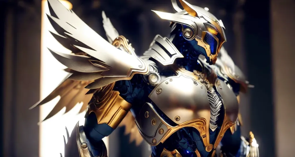 The image is of a futuristic knight in a suit of silver and gold armor. The knight has large, white wings and is standing in a dark room. The knight's helmet is closed, and there is a blue light shining from the eyes. The knight's armor is decorated with intricate designs, and there is a large sword hanging from the knight's waist.