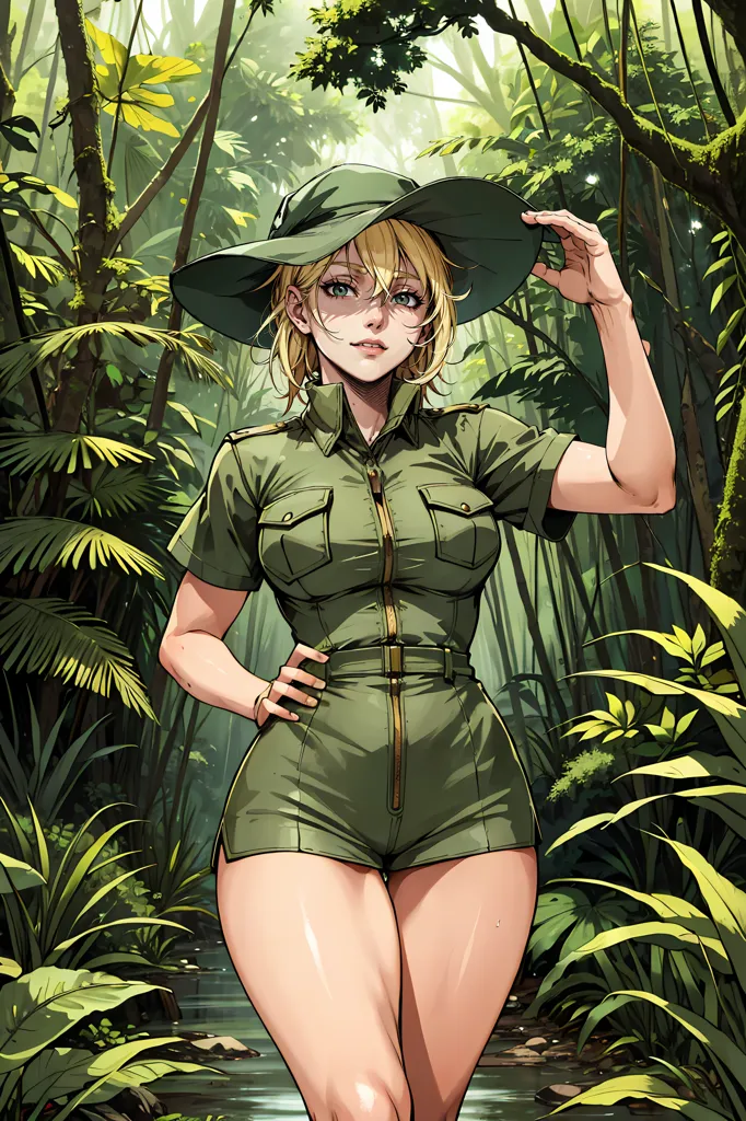 La imagen muestra a una mujer rubia vestida con un atuendo de safari verde, que consta de un sombrero, una camisa de manga corta y pantalones cortos. Ella está de pie en un frondoso entorno de selva, con vegetación y plantas verdes a su alrededor. La mujer mira al espectador con una expresión confiada, y tiene una mano en la cadera y la otra sosteniendo su sombrero. También lleva un cinturón de utilidad alrededor de la cintura.