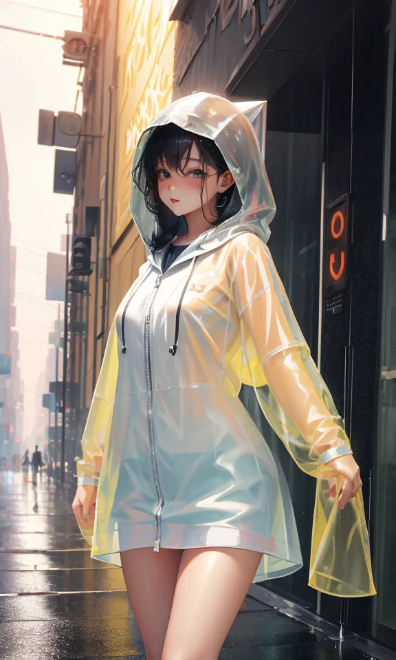 The image depicts a young woman wearing a transparent raincoat with cat ears on the hood. The raincoat is unzipped, revealing a black sports bra and matching shorts underneath. She is standing in an urban setting, with a city street in the background. The street is wet from rain, and the woman's hair is slightly damp. She is looking at the viewer with a shy expression on her face.