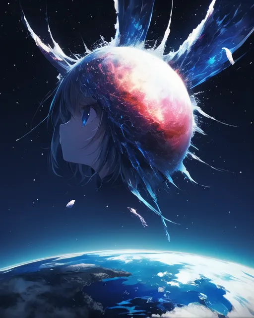 The image is of a girl with long blue hair standing in space. She is looking down at the Earth, which is below her. The girl's hair is spread out behind her like a fan, and she has a determined expression on her face. The Earth is blue and white, and the girl's hair is a light blue color. The background is a dark blue color, and there are stars and galaxies in the distance. The girl is wearing a white dress, and she has a red ribbon in her hair.