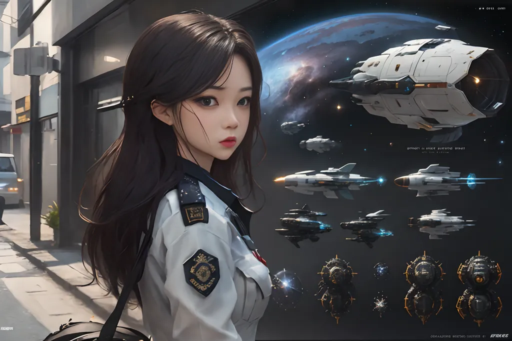 This is an image of a young woman standing in front of a futuristic spaceship. The woman is wearing a white uniform with a black tie and a black hat. She has long brown hair and brown eyes. She is looking at the spaceship with a serious expression. The spaceship is white and gray with blue markings. It has a long, sleek design and is surrounded by various weapons and other equipment. The background of the image is a dark blue sky filled with stars and planets.