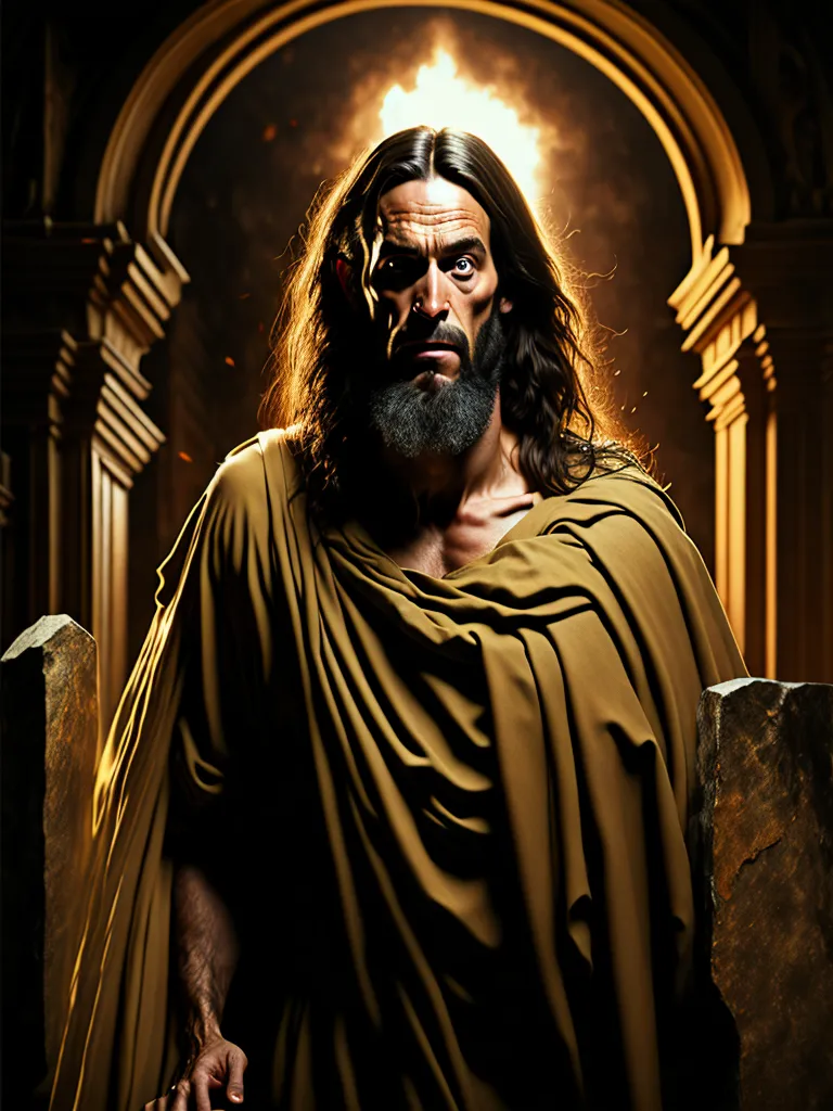 The image shows a man with long brown hair and a beard, wearing a brown robe with a white sash. He has a serious expression on his face and is looking at the viewer with his dark eyes. He is standing in a dark place, with two stone columns on either side of him. There is a bright light in the background, which is casting shadows over his face and body. The man's robe is blowing in the wind, and he has a determined expression on his face.