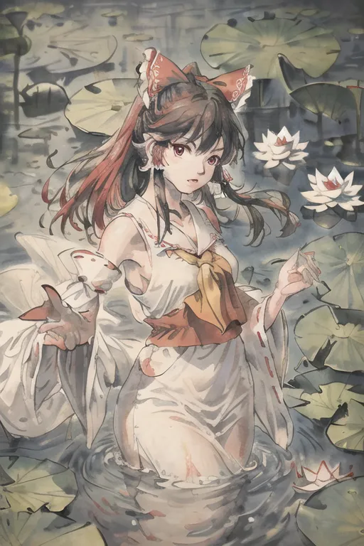 The picture shows a girl in a white dress standing in a pond. The girl has long brown hair and red eyes. She is wearing a red and white bow in her hair and a yellow obi around her waist. The girl is standing in the water up to her waist. She has her arms outstretched to the sides and her palms are facing upwards. There are lily pads and flowers in the water around her. The background is a blur of green and brown, which suggests that there are trees and plants on the shore of the pond.