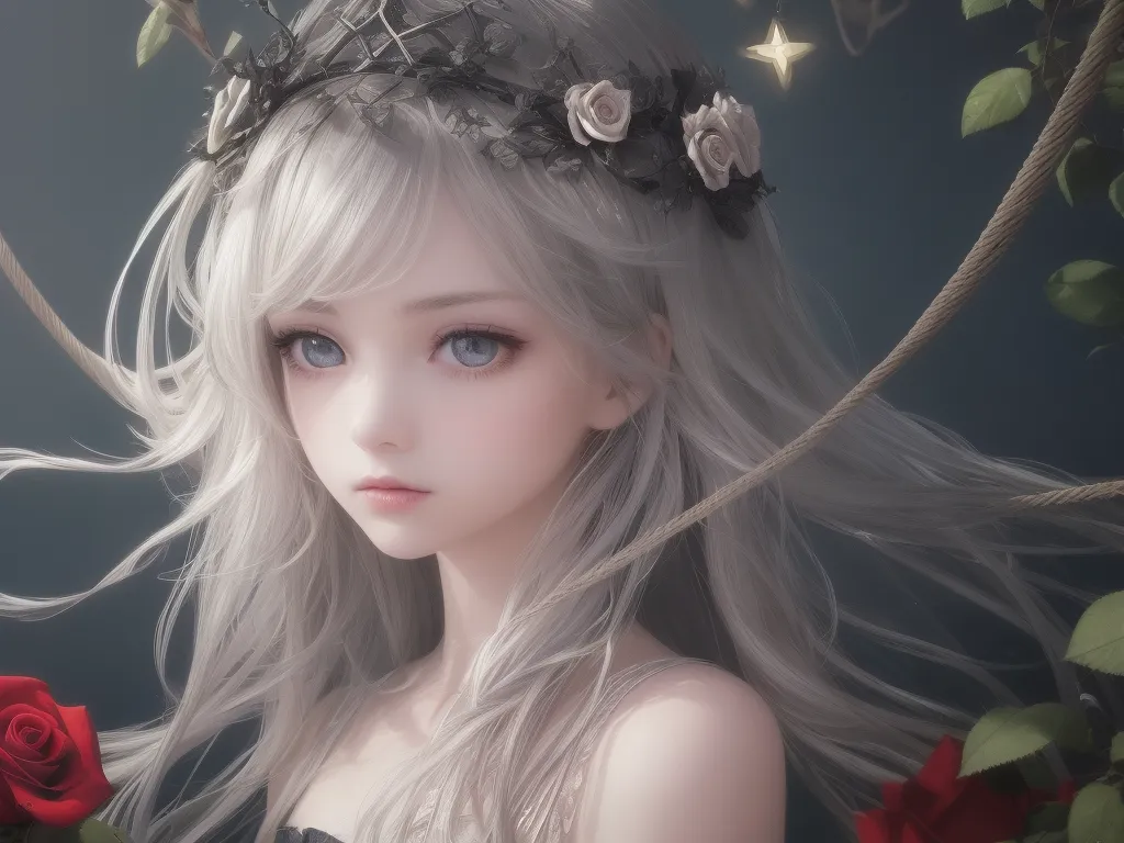 The image is a digital painting of a young woman with long, white hair and blue eyes. She is wearing a crown of black roses and vines, and there are red roses in the background. The woman's expression is sad and thoughtful.