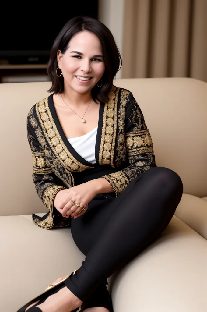 A foto mostra uma mulher jovem com cabelos escuros curtos sentada em um sofá. Ela está usando uma camisa branca, calças pretas e um casaco preto bordado de forma intrincada com fio dourado. Ela está sorrindo para a câmera e tem as mãos cruzadas no colo. Ela está usando vários anéis e um colar. Há uma televisão ao fundo.