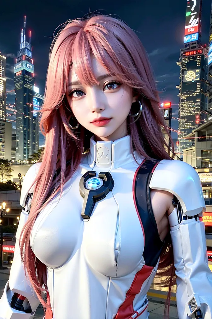 The image shows a young woman with pink hair and blue eyes. She is wearing a white and gray bodysuit with a large blue gem in the center. The bodysuit has black and red accents. She is also wearing a pair of hoop earrings. The woman is standing in a futuristic city at night and there are tall buildings in the background.