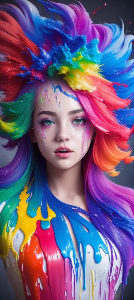 The image is a portrait of a young woman with long, flowing hair. The hair is a rainbow of colors, with each strand a different shade. The woman's face is painted with bright colors, and she has a serene expression on her face. She is wearing a white dress. The background is a dark color.